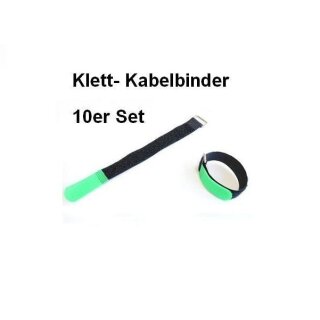 10er Set Klettband / Klettkabelbinder 15 x 1,6cm mit Metallöse - schwarz / grün