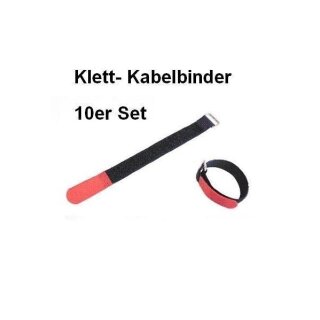 10er Set Klettband / Klettkabelbinder 25 x 2,0cm mit Metallöse - schwarz / rot