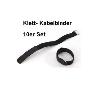 10er Set Klettband / Klettkabelbinder 25 x 2,0cm mit Metallöse - schwarz